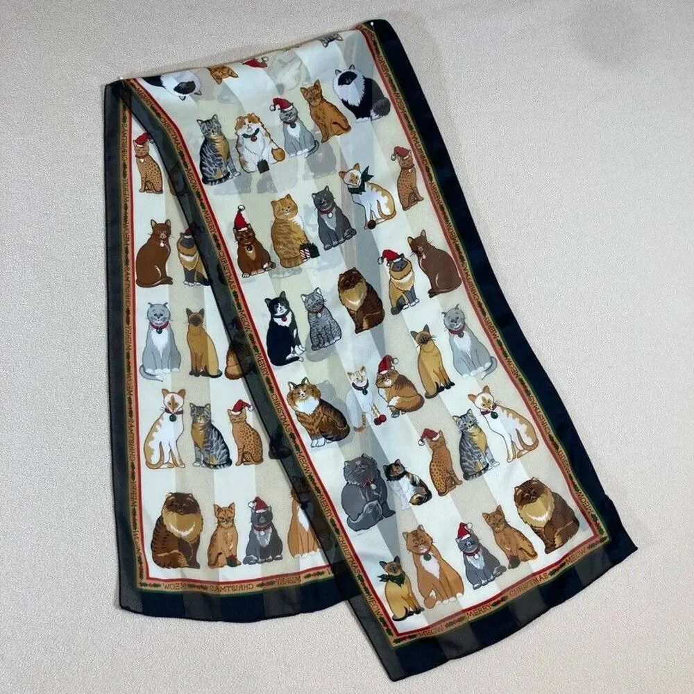 Vintage Christmas Cat Meow Neck Scarf Polyester Santa Hats‎ 57in. X 13in.